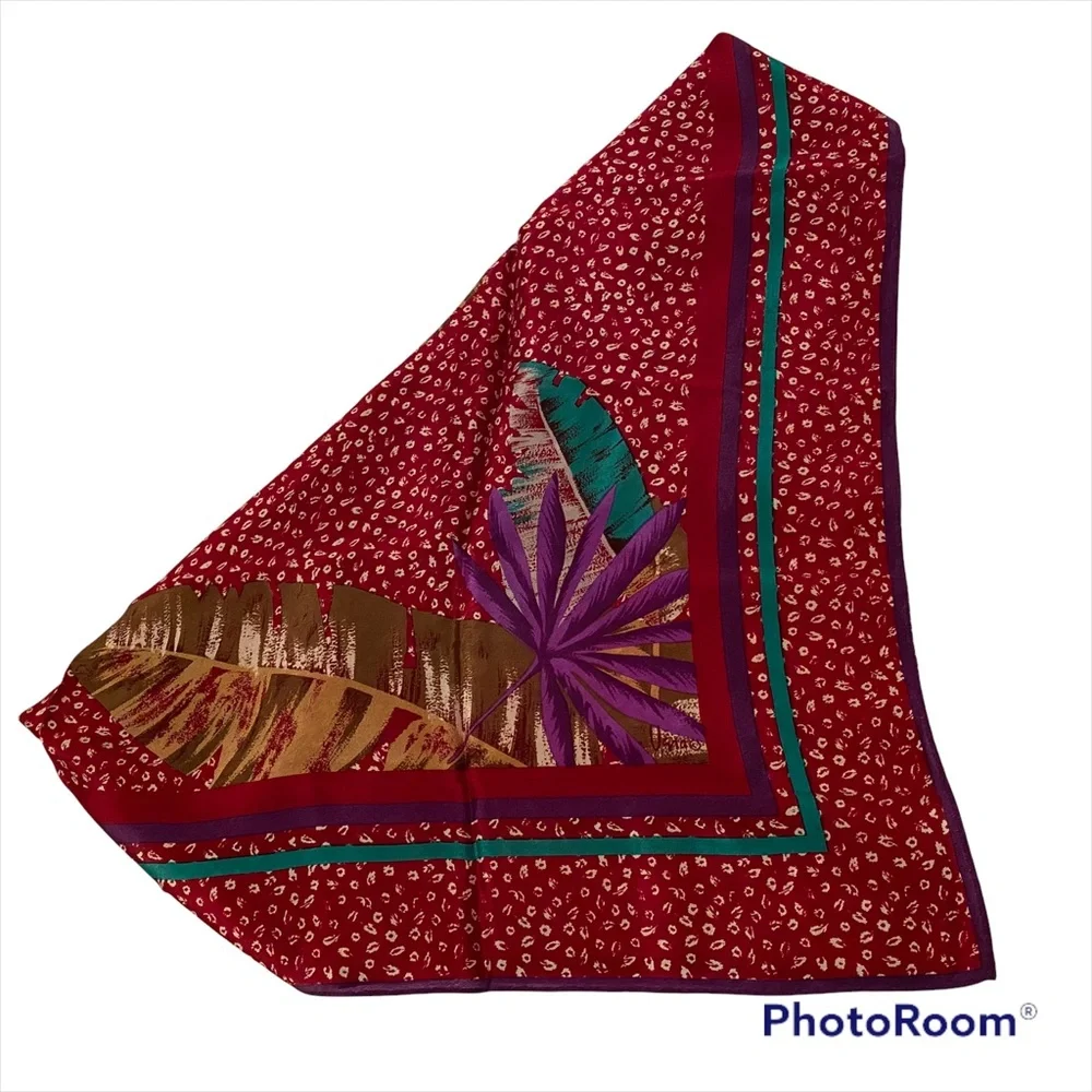 VERA SCARF VINTAGE RED WHITE PURPLE GREEN BROWN FROND PALM LEAVES SILK SQUARE